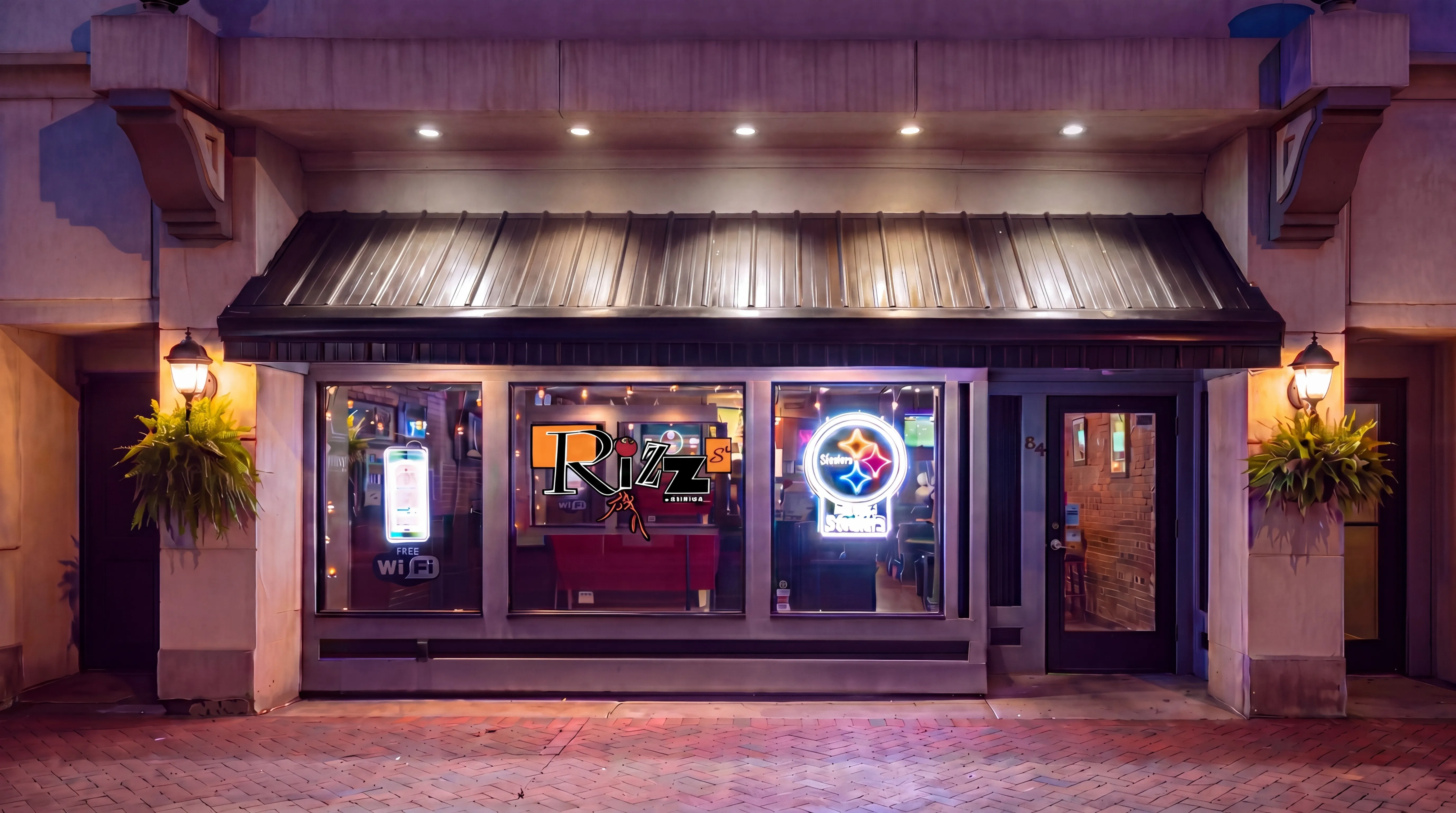 Rizz's Restaurant & Bar storefront on Main Street, Uniontown — twilight with the lights on