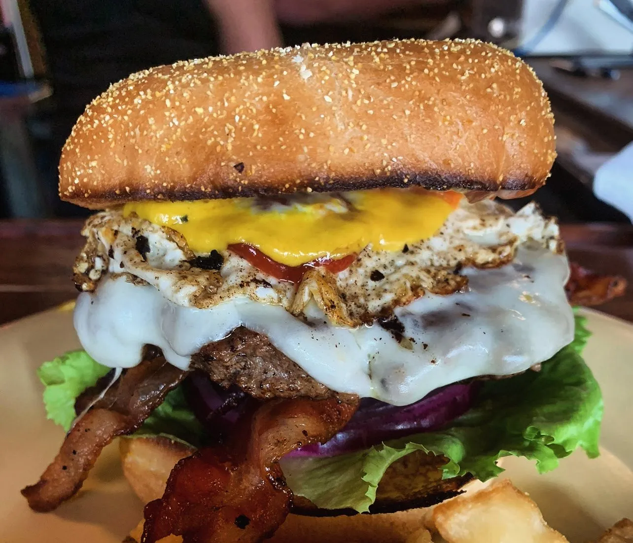 Stacked egg and bacon burger