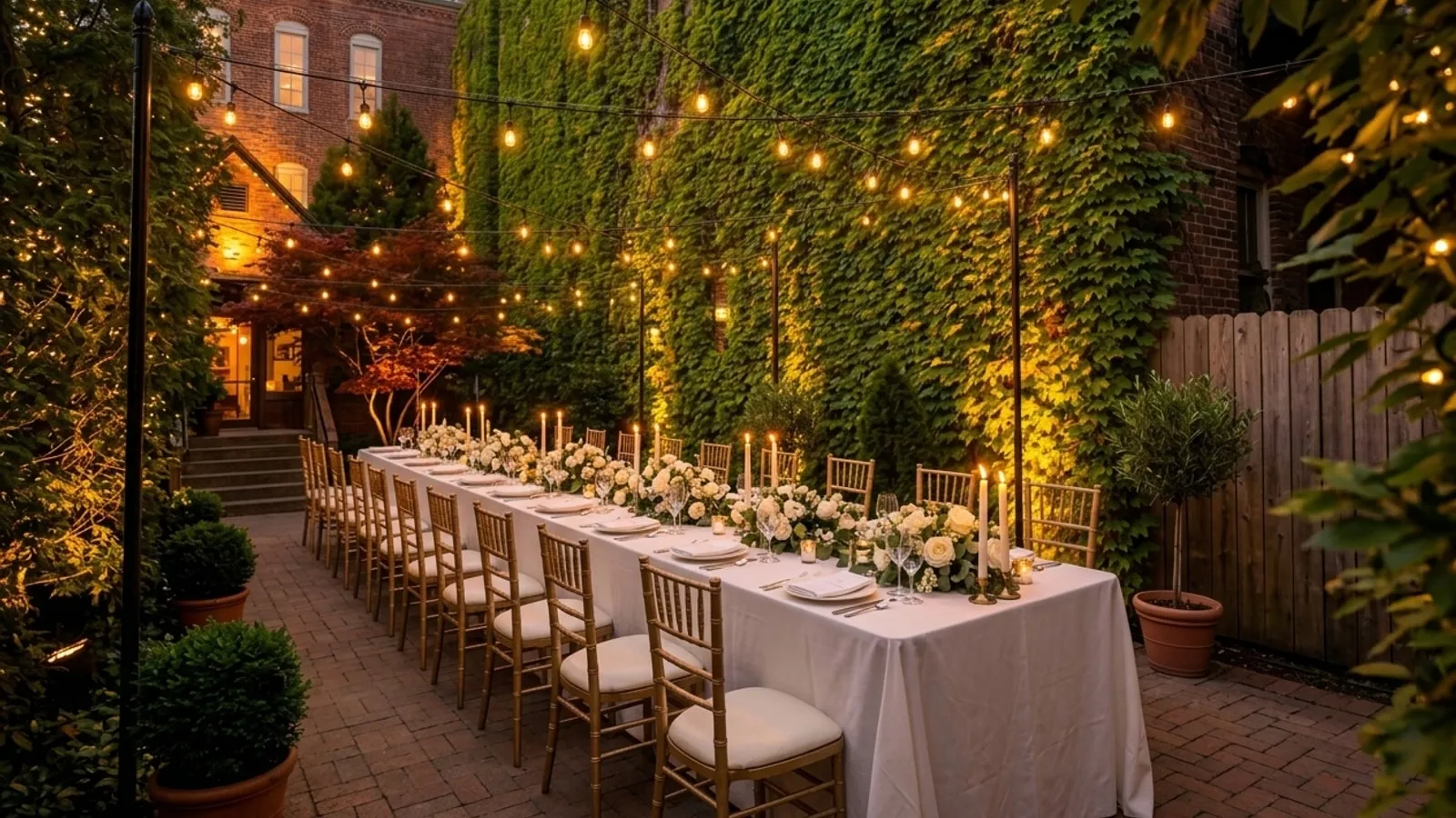 Rizz's patio at dusk set for a wedding rehearsal dinner — long king's table down the center with chiavari ballroom chairs and white linens, Edison string lights overhead, ivy walls glowing with warm uplighting, the brick restaurant building lit in the background
