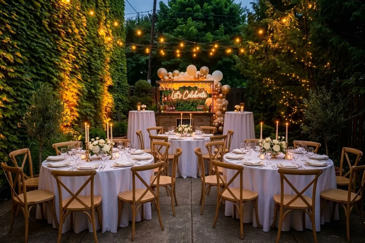 Rizz's patio at dusk set for a milestone celebration. Two banquet rounds with wood cross-back chairs, a wooden bar at the back stocked with bottles and hanging glassware, FIFTIETH balloon arch in champagne gold around a Let's Celebrate neon sign mounted on a lush ivy panel, Edison string lights, warm uplighting on the ivy wall.