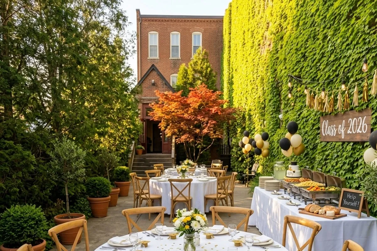 Rizz's patio at golden hour set for a high school graduation. Self-serve buffet by the restaurant stairs with chafing dishes, breads, cheeses, and a graduation cake. Banquet rounds in the foreground with wood cross-back chairs, white linens, white-and-yellow flowers with mortarboard accents, gold confetti. Class of 2026 wooden sign mounted on the ivy wall, black-and-gold balloon clusters.