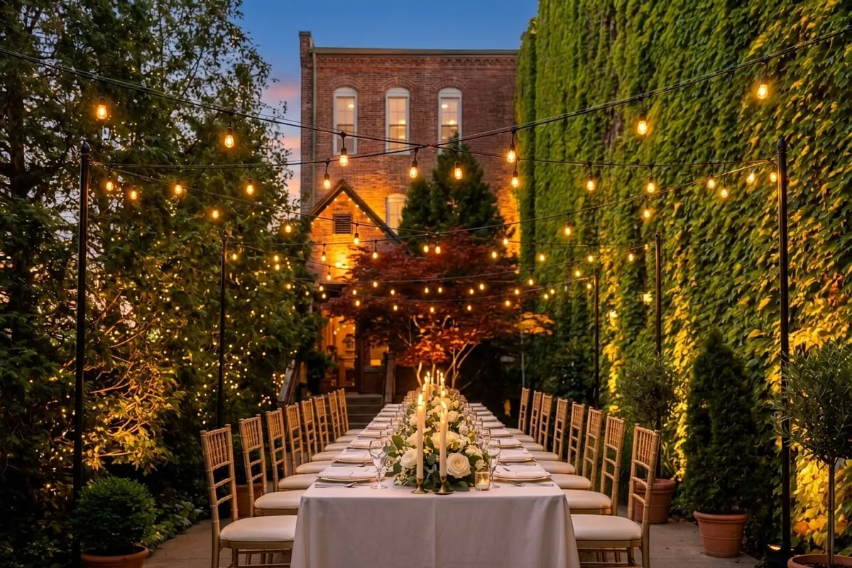 Rizz's patio at dusk set for a wedding rehearsal dinner. Long king's table running toward the restaurant, chiavari ballroom chairs, white linens, lit taper candles in brass holders, white-rose-and-eucalyptus centerpieces, Edison string lights overhead, ivy walls with warm uplighting.